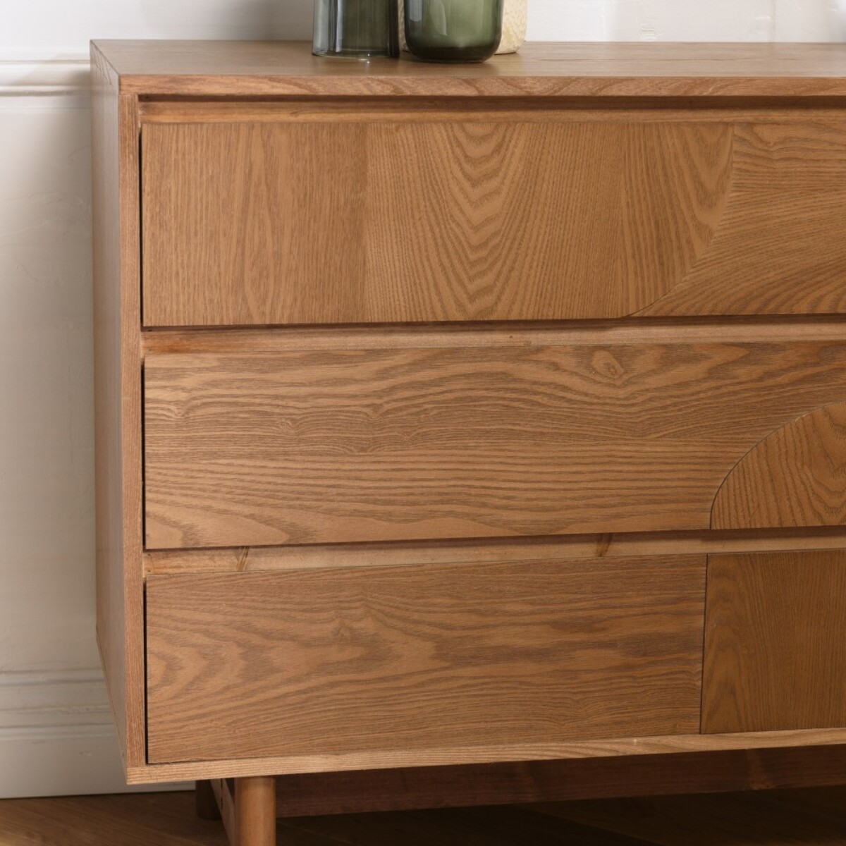 MARIO - Commode couleur naturelle 3 tiroirs décor motif arrondi