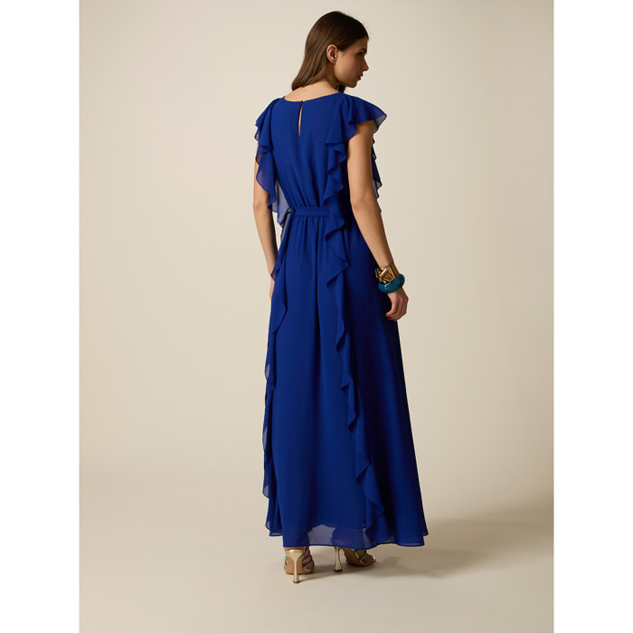 Oltre - Vestito lungo in georgette con volant - Bluette