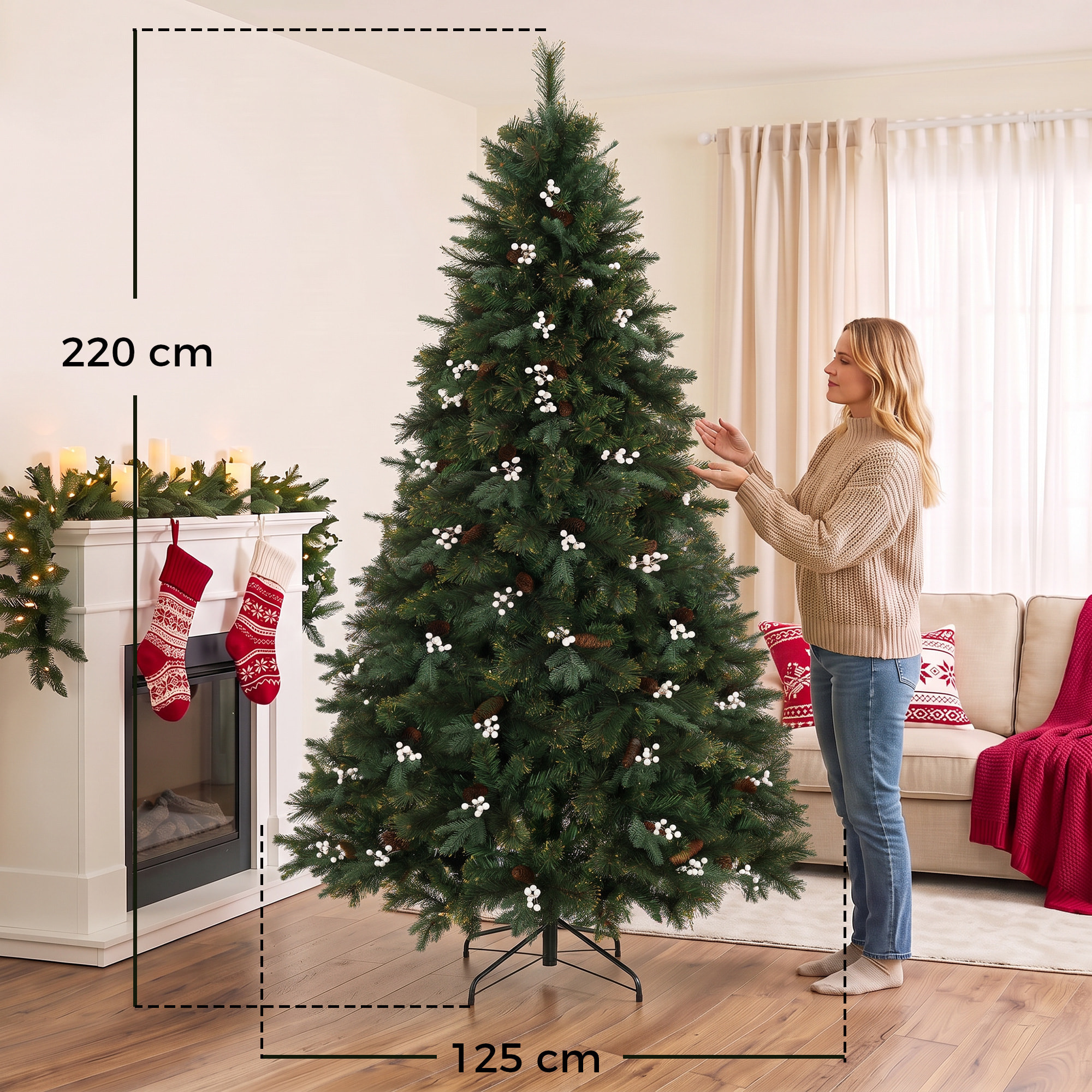 HOMCOM Árbol de Navidad 220 cm, Árbol de Navidad Artificial con 1116 Ramas y Base Metálica Plegable, Frondoso, Montaje Rápido, Sistema con Bisagras, Decoración Navideña para Salón, Interior, Verde