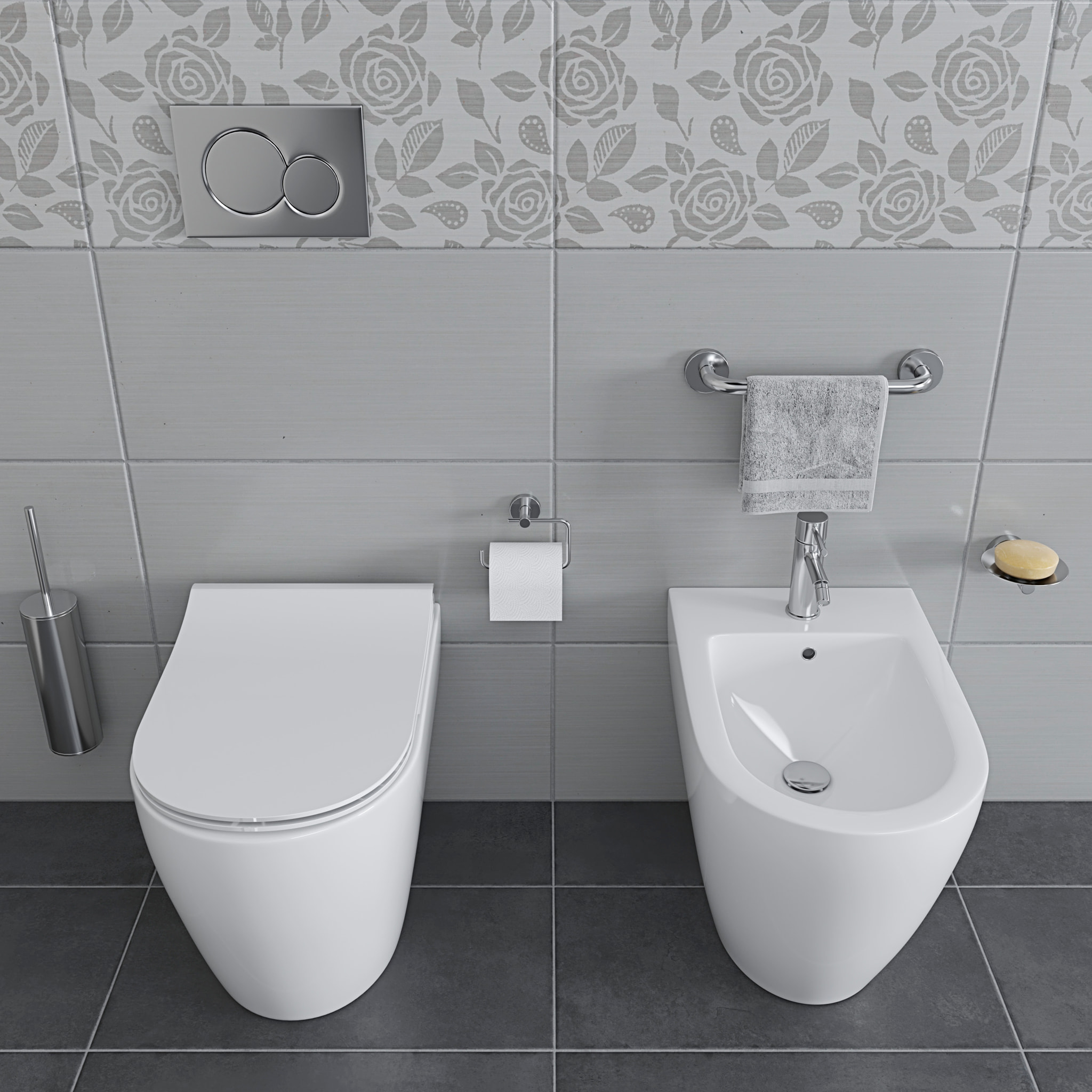 Coppia Sanitari Filomuro Filo Muro Filo Parete Vaso WC E Bidet Design Moderno In Ceramica Copriwater Chiusura Soft Close Rallentata Bianco Lucido