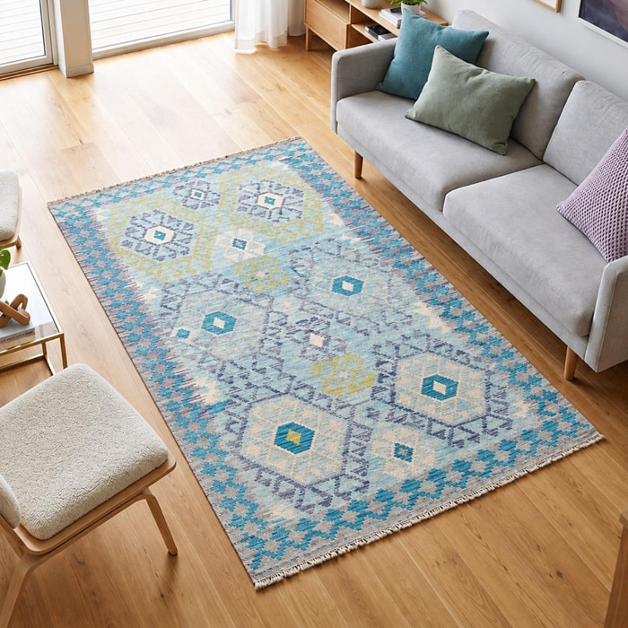 Tapis kilim géométrique, tissé plat en laine, MEMEDA
