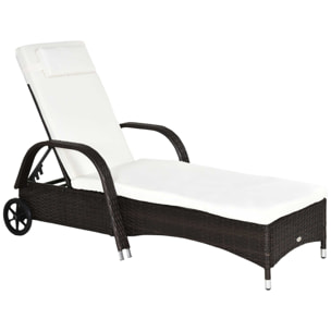 Tumbona de Ratán de Jardín Chaise Longue con Respaldo Ajustable en 5 Posiciones Cojines Acolchados Reposacabezas y 2 Ruedas 200x73x30-103 cm Crema y Marrón