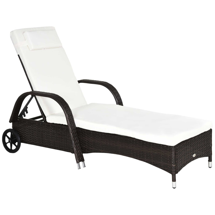 Tumbona de Ratán de Jardín Chaise Longue con Respaldo Ajustable en 5 Posiciones Cojines Acolchados Reposacabezas y 2 Ruedas 200x73x30-103 cm Crema y Marrón