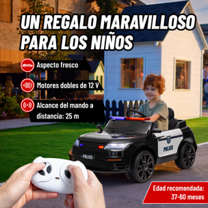 Coche Eléctrico para Niños de +3 Años Carro Eléctrico Infantil de Policía con Batería 12V Mando a Distancia Faros Bocina Sirena Música y Rueda de Entrenamiento Negro