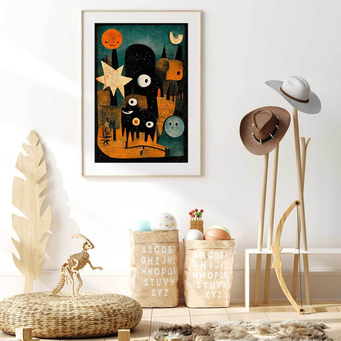 Affiche enfant la nuit des jeunes monstres  Affiche + cadre en bois - Chêne