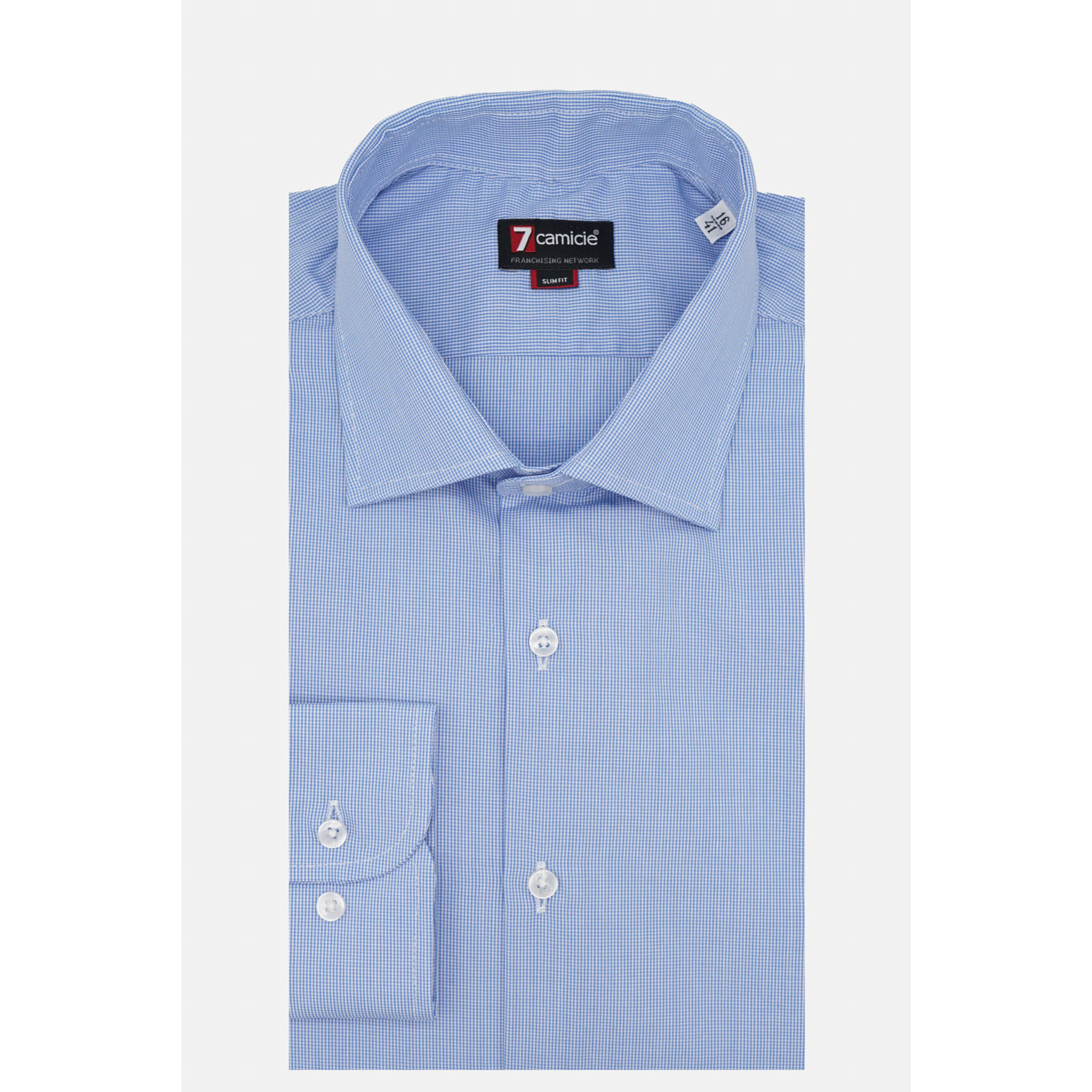 Camicia Uomo 1 Bottone Francese Slim Popeline Quadro Piccolo Blu\Bianco