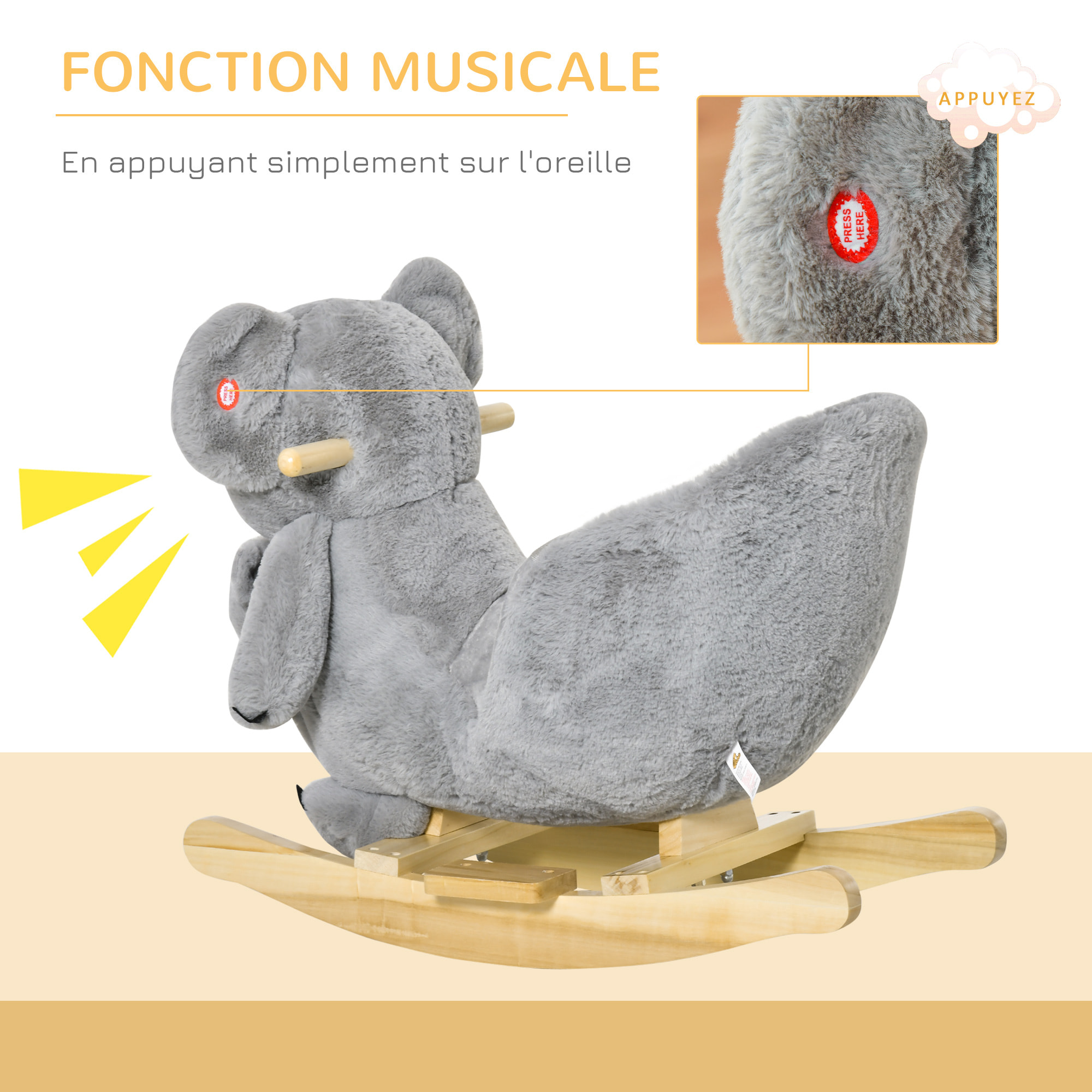 Jouet à bascule koala avec marionnette - effet sonore rugissement - fauteuil intégré, ceinture de sécurité - bois peuplier peluche courte polyester gris