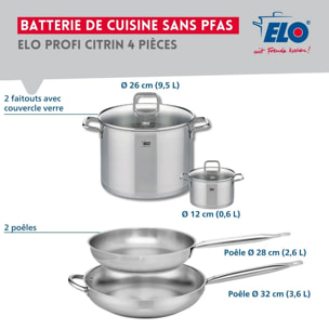 Ensemble de 2 Poêles de cuisson 28 et 32 cm et 2 faitouts 12 et 26 cm Elo Profi Citrin