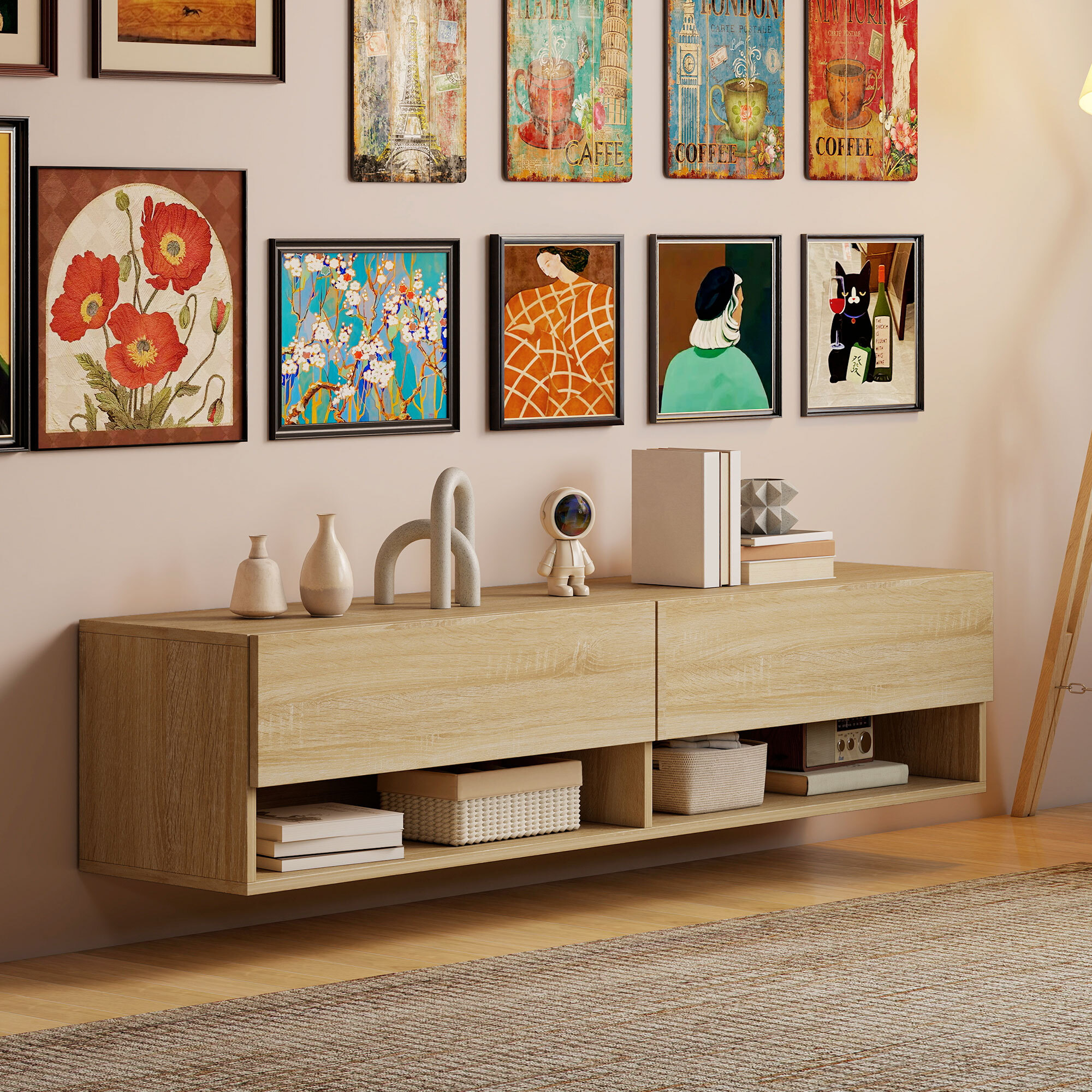 Mueble de TV Suspendido, Mueble de TV para Salón con 2 Cajones Abatibles, 2 Estantes Abiertos, Gestión de Cables, Estilo Moderno, para Televisión 60 Pulgadas, 140x32x31 cm, Madera Natural