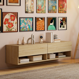 Mueble de TV Suspendido, Mueble de TV para Salón con 2 Cajones Abatibles, 2 Estantes Abiertos, Gestión de Cables, Estilo Moderno, para Televisión 60 Pulgadas, 140x32x31 cm, Madera Natural