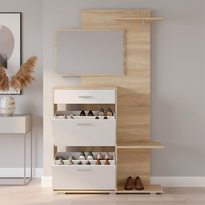 Ingresso Scarpiera Con Specchio 2 Ante A Ribalta Cassetto Appendibiti E Mensola Mobile Salvaspazio Moderno 192 x 120 x 24.5 Cm Colore Rovere E Bianco