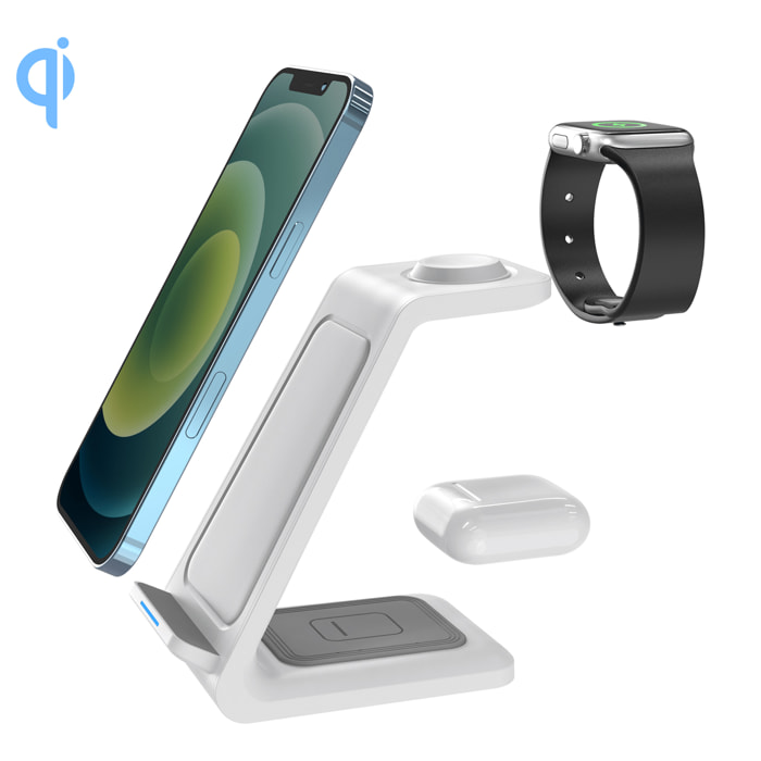 Stazione di ricarica 3 in 1 da 15w. Base di ricarica wireless Qi per 2 smartphone, auricolari e Apple Watch.