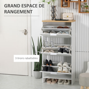 Meuble à chaussures 3 portes abattantes 2 compartiments MDF blanc chêne clair