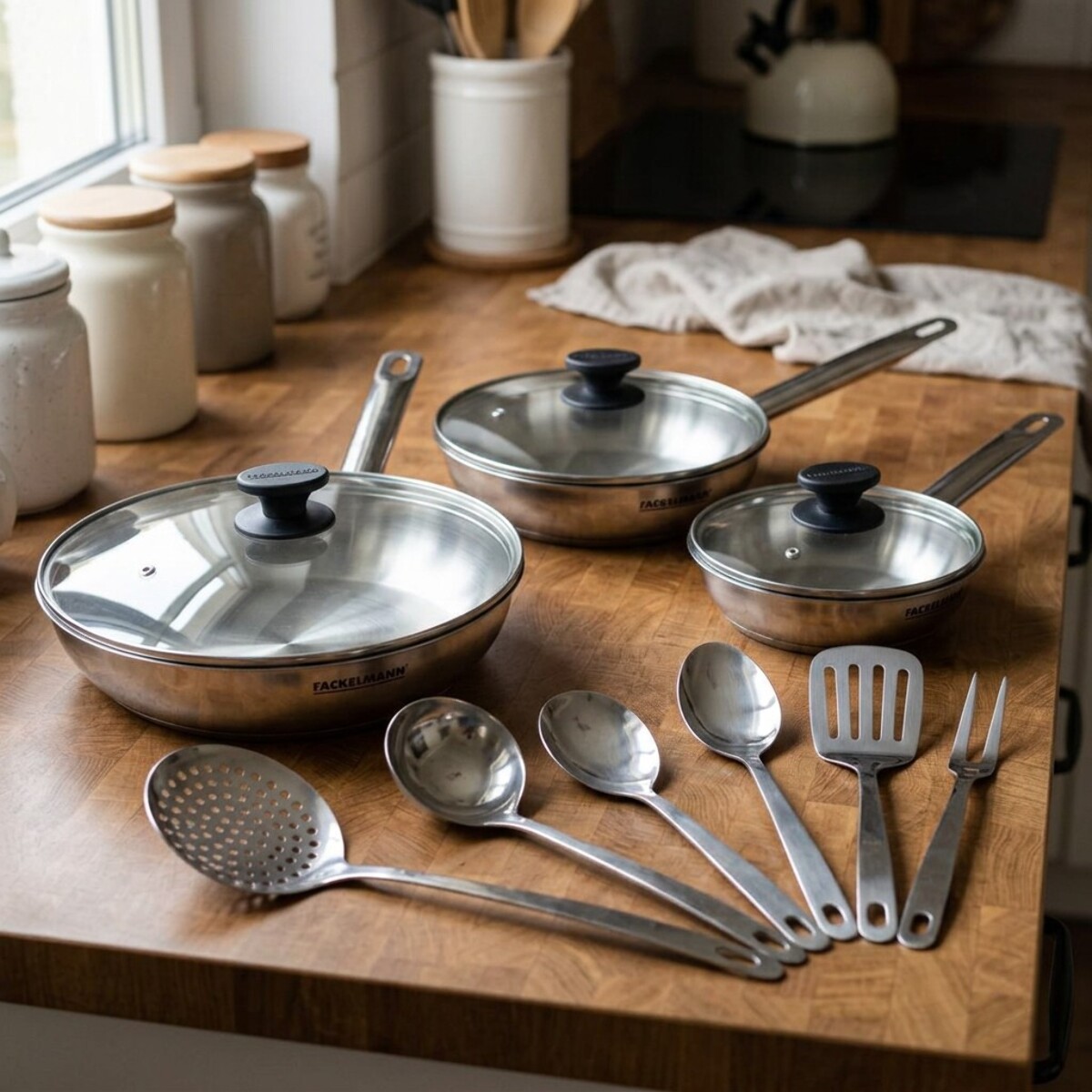 Set de 3 poêles 20, 24 et 28 cm en inox, 3 couvercles verre et 6 ustensiles inox Fackelmann Eterna