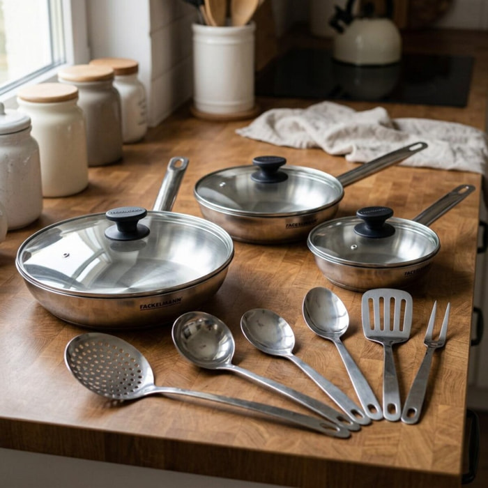 Set de 3 poêles 20, 24 et 28 cm en inox, 3 couvercles verre et 6 ustensiles inox Fackelmann Eterna