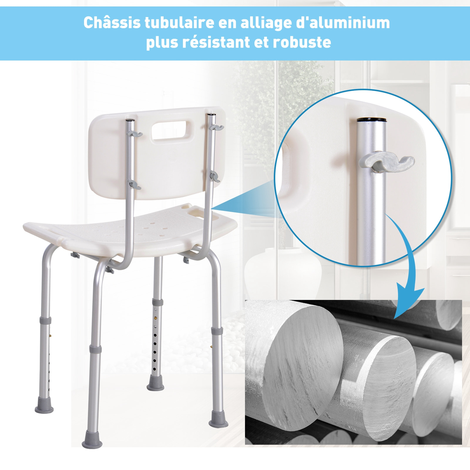 Chaise de douche siège de douche ergonomique hauteur réglable pieds antidérapants charge max. 136 Kg alu HDPE blanc