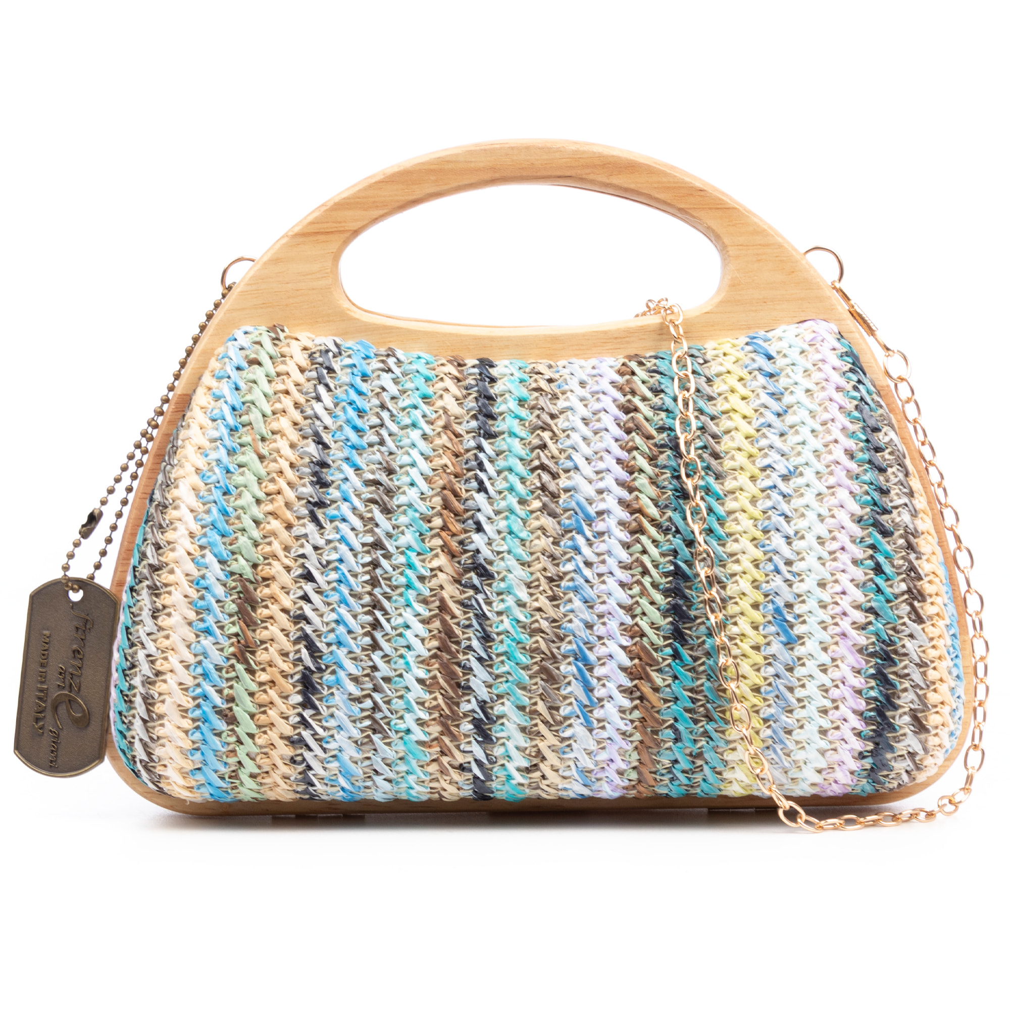 Bella Bolso bandolera Mujer. Fabricado en madera natural y paja trenzada.