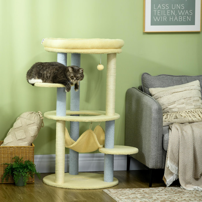 Árbol Rascador para Gatos Mediano 110 cm Torre para Gatos Centro de Actividades para Gatitos con Hamaca Poste de Sisal y Bola Colgante Ø58x110 cm Amarillo y Azul