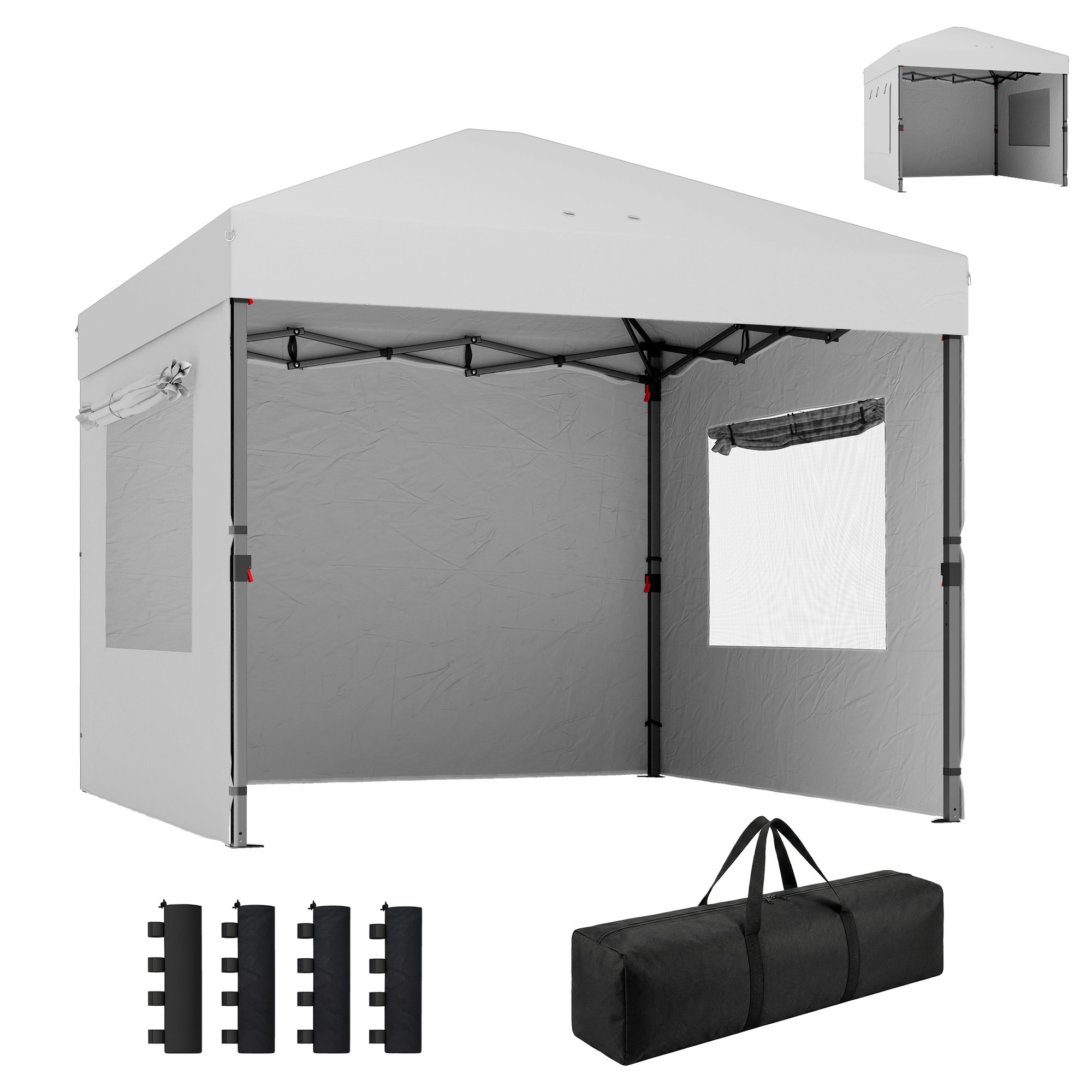 Carpa Plegable 3x3 m, Pop-up, Cenador Pabellón de Jardín con 3 Paredes Laterales, 2 Ventanas Malla, UPF50+, Altura Ajustable 3 Niveles, Bolsa Transporte, Sacos Arena, Gazebo Exterior, Blanco