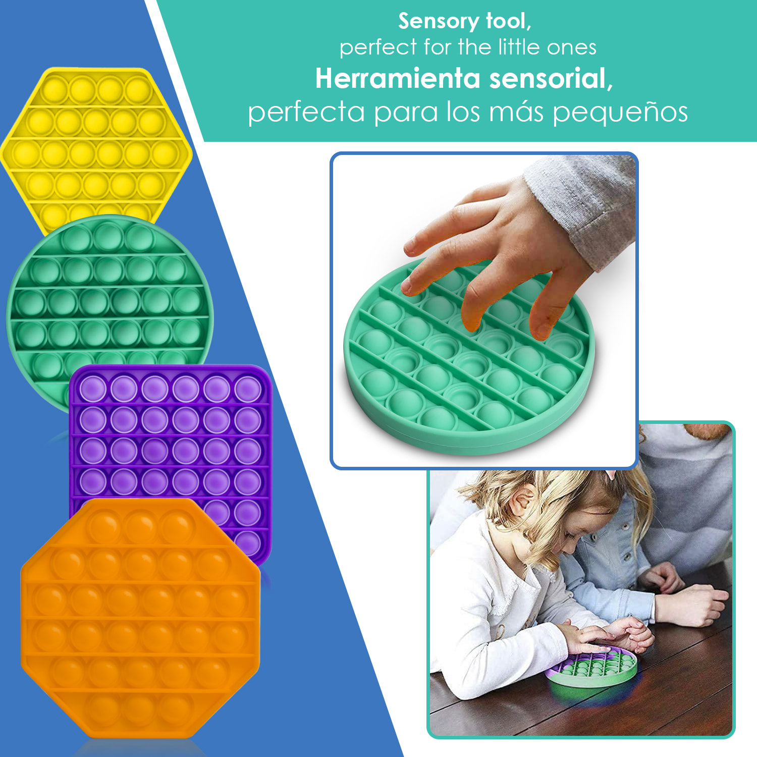 Bubble Pop It giocattolo sensibile antistress, bolle di silicone da spremere e premere. Design ottagonale multicolore.