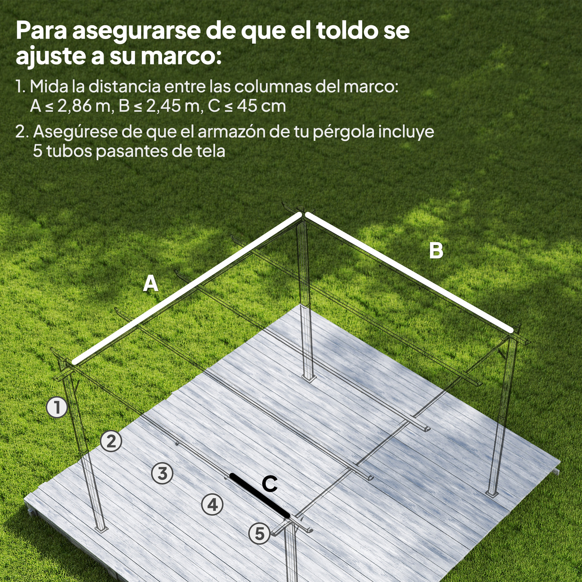 Techo de Pérgola 3x2,5 m, Techo de Repuesto Retráctil para Marco de Pérgola de 3x2 m, UV30+, Toldo de Tela Solo para Cenador Jardín con 8 Orificios de Drenaje, Crema