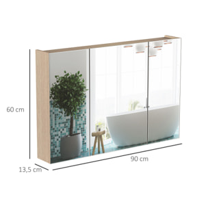 Armoire murale miroir salle de bain 3 portes 3 étagères dim. 90L x 14l x 60H cm panneaux particules chêne clair