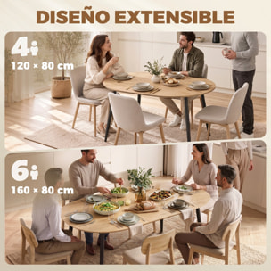 HOMCOM Mesa de Comedor Extensible Ovalada 120-160x80 cm, Mesa de Cocina Extensible para 4-6 Personas, Estilo Rústico, con Patas de Hierro y Bordes Redondeados, Ahorra Espacio, Roble