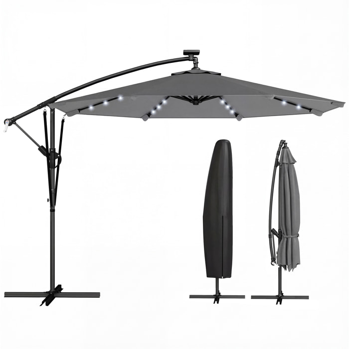 Parasol Excéntrico con Luces LED Solares, Ø330 cm, Sombrilla de Jardín con Base Cruzada, Manivela, Funda Protectora y Cuerda de Viento, Anti-UV 50+, para Terraza, Patio, Gris Oscuro