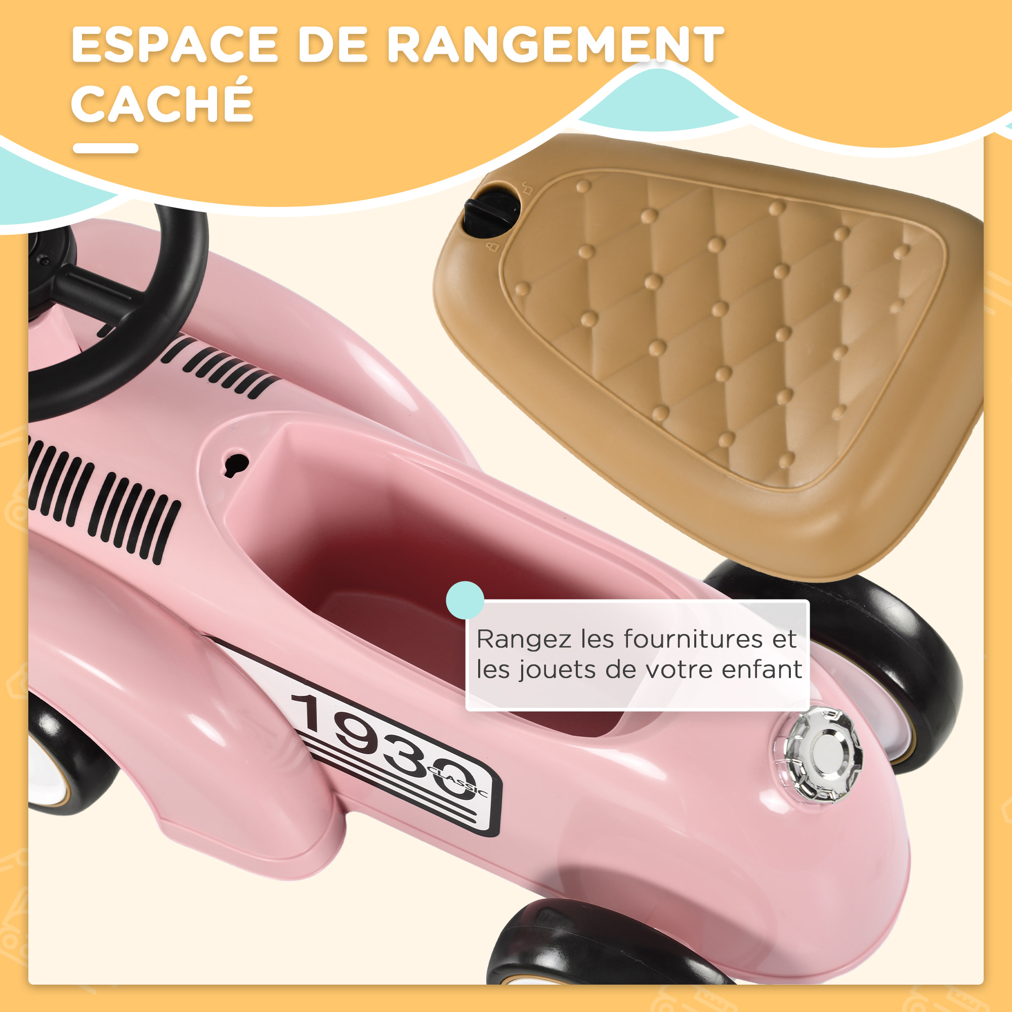 Porteur enfant voiture de collection rétro coffre butée arrière anti-basculement klaxon rose