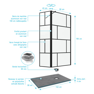 Pack Paroi de douche 90+40x195cm + Receveur a carreler 140x90cm + Bonde horizontale - BLOCKS 90