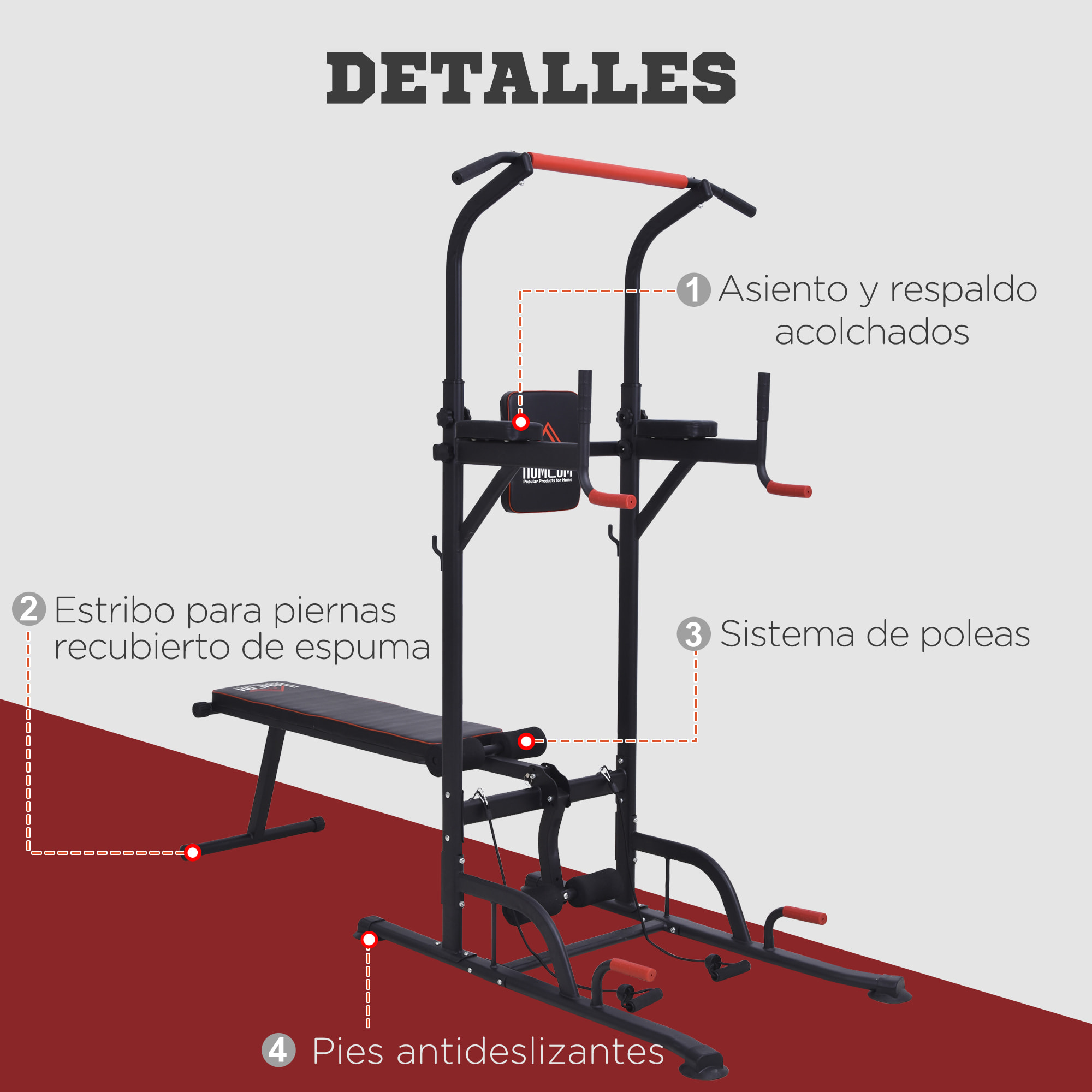 Estación de Musculación Multifuncional Torre de Entrenamiento Ajustable en Altura con Banco Plegable Barra de Dominadas para Fitness 220x98x181-229 cm Negro