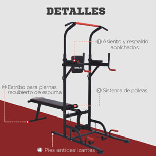 Estación de Musculación Multifuncional Torre de Entrenamiento Ajustable en Altura con Banco Plegable Barra de Dominadas para Fitness 220x98x181-229 cm Negro