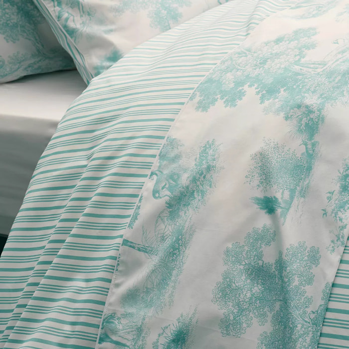 Drap plat percale de coton imprimé bleu Poesie aqua