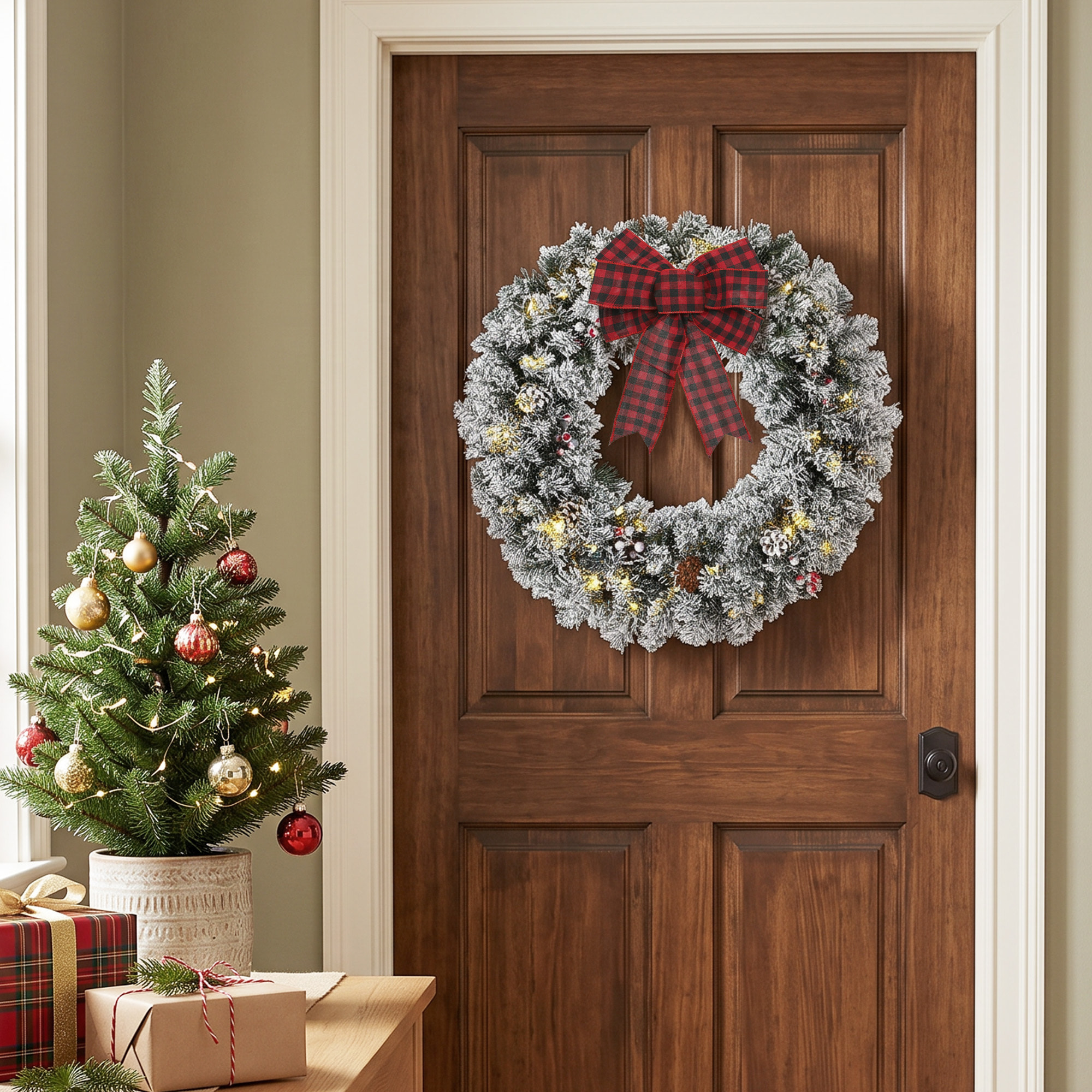 HOMCOM Corona de Navidad Puerta Efecto Nevado con 50 LED Luces, 8 Modos, Guirnalda de Navidad con Piñas, Bayas y Lazo Festivo, Corona Navideña Artificial, Decoración para Chimenea, Pared, Ventana
