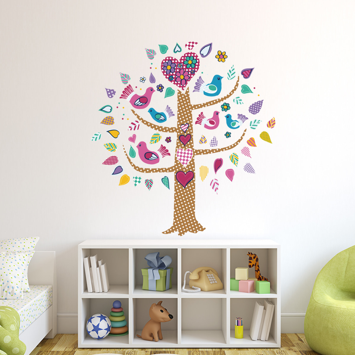 Stickers Muraux décoration adhésifs phosphorescent arbre et oiseaux multicolore