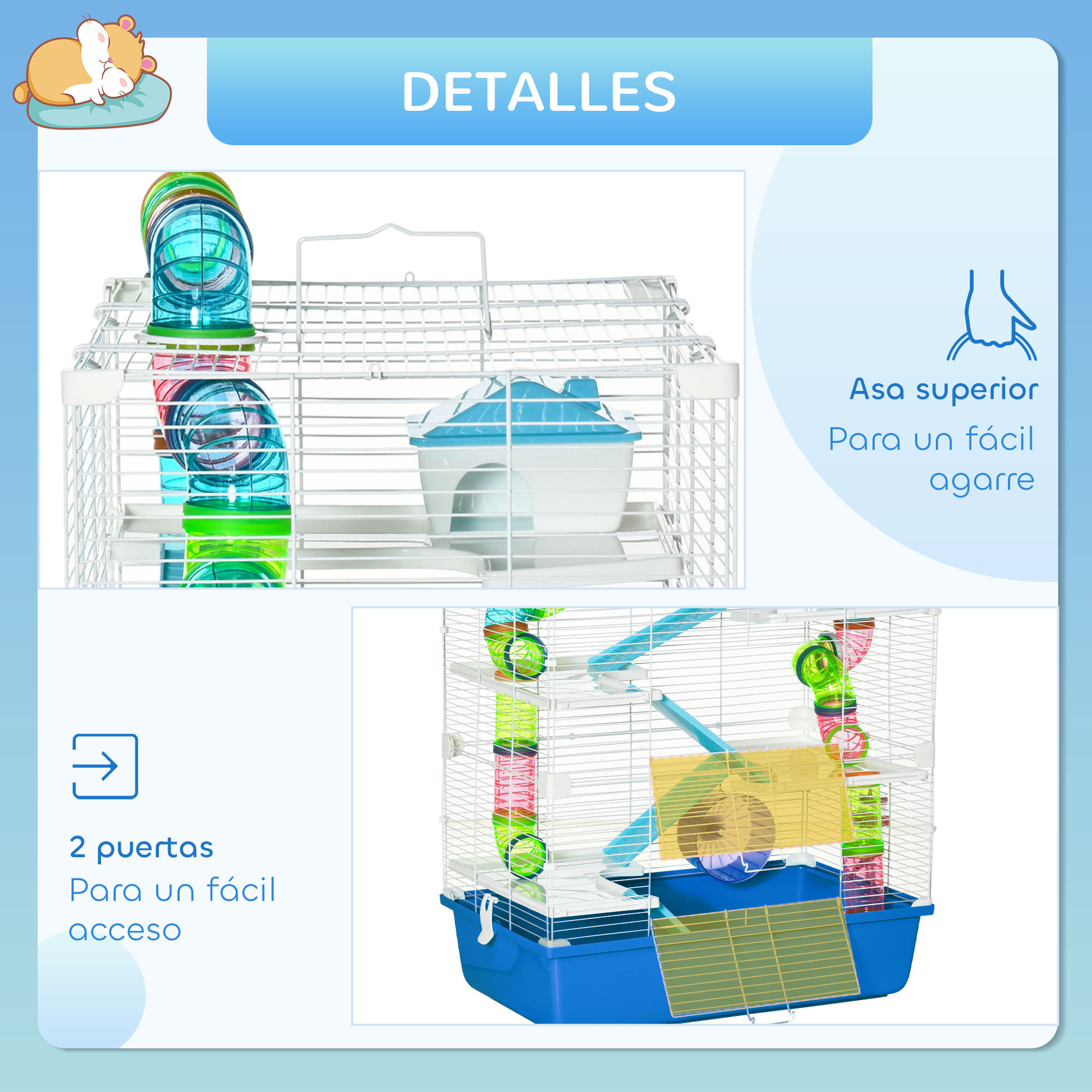 Jaula para Hámster 59x36x69 cm Casa para Animales Pequeños con Túnel Plataformas Cuenco Bebedero Casita Rampas y Rueda de Ejercicio Azul