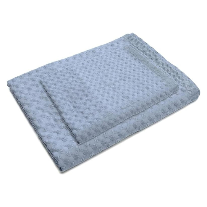 INTRECCI Set Asciugamani Bagno Viso e Bidet, Coppia Asciugamani Bagno, in Spugna di Puro Cotone 300 gr/mq, 110 x 60 cm + 60 x 40 cm, Morbido al Tatto, Tinta Unita Azzurro. Modello: Napone