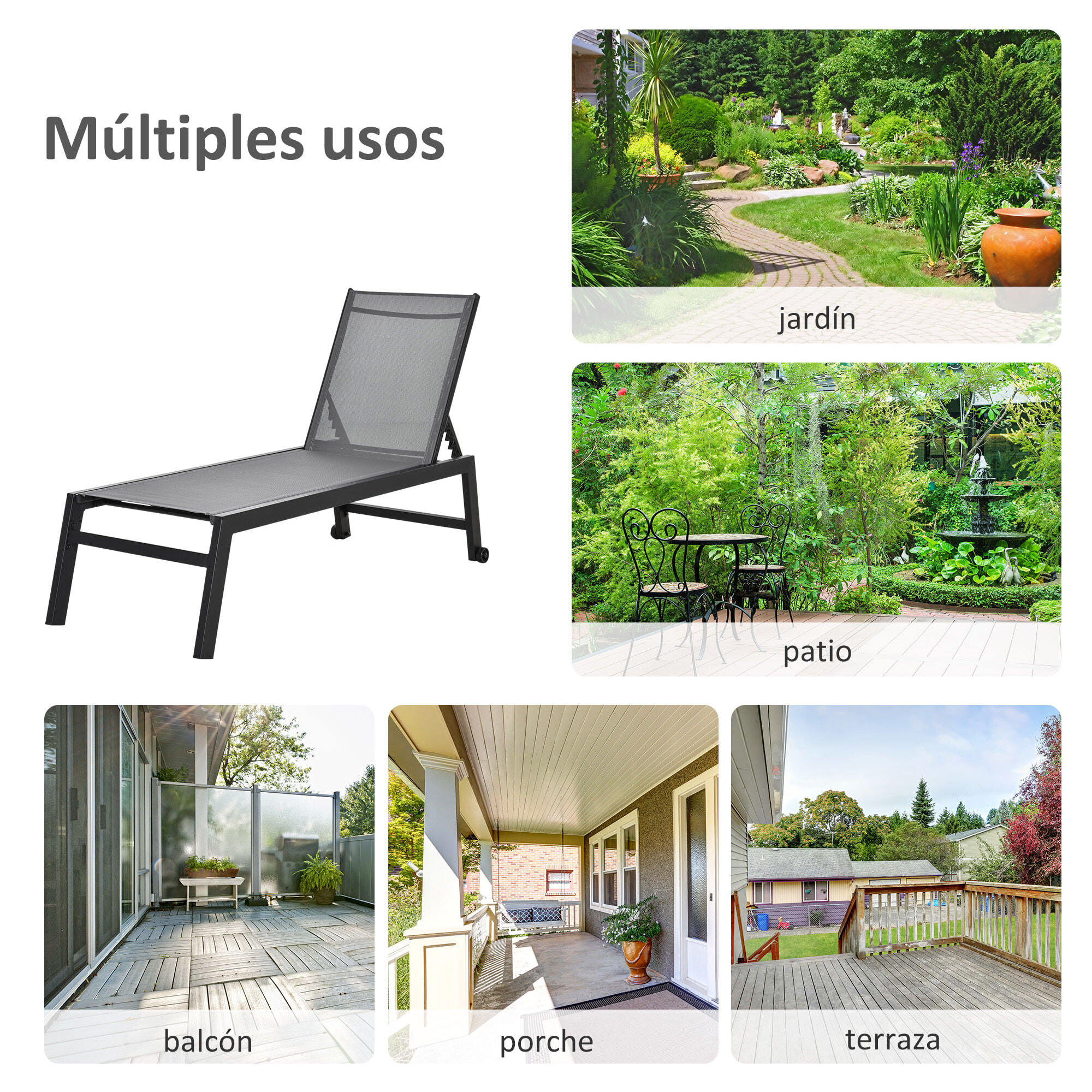 Tumbona de Jardín de Aluminio Tumbona Exterior con Respaldo Reclinable en 5 Posiciones Ruedas Carga 120 kg para Patio Terraza 169x65x102 cm Gris