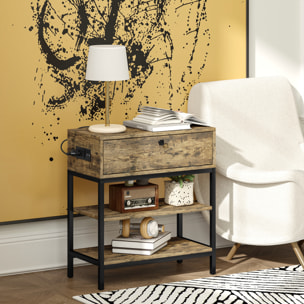 Mesa Auxiliar con Estación de Carga Mesita Auxiliar Industrial con Cajón y Estantes Abiertos Mesa Auxiliar para Salón Dormitorio Marrón Rústico