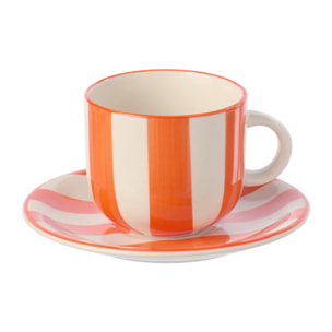 J-Line Tasse + Sous-tasse Ligné - céramique - orange/blanc - 6 pièces