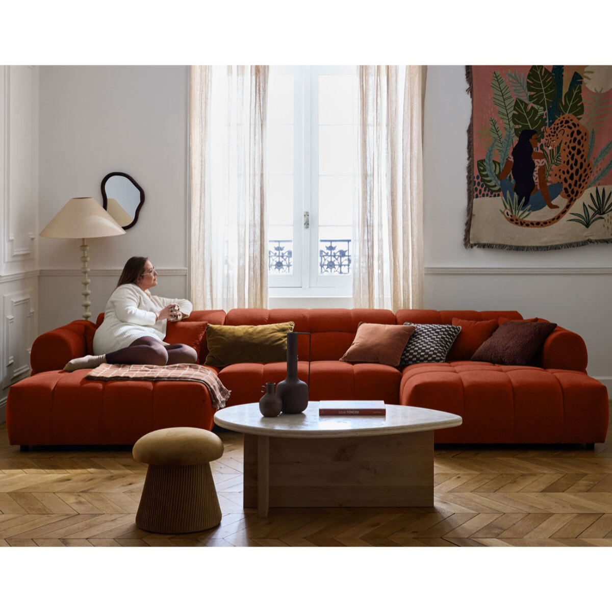 Ray - canapé panoramique en U 7 places en tissu texturé - Rouge