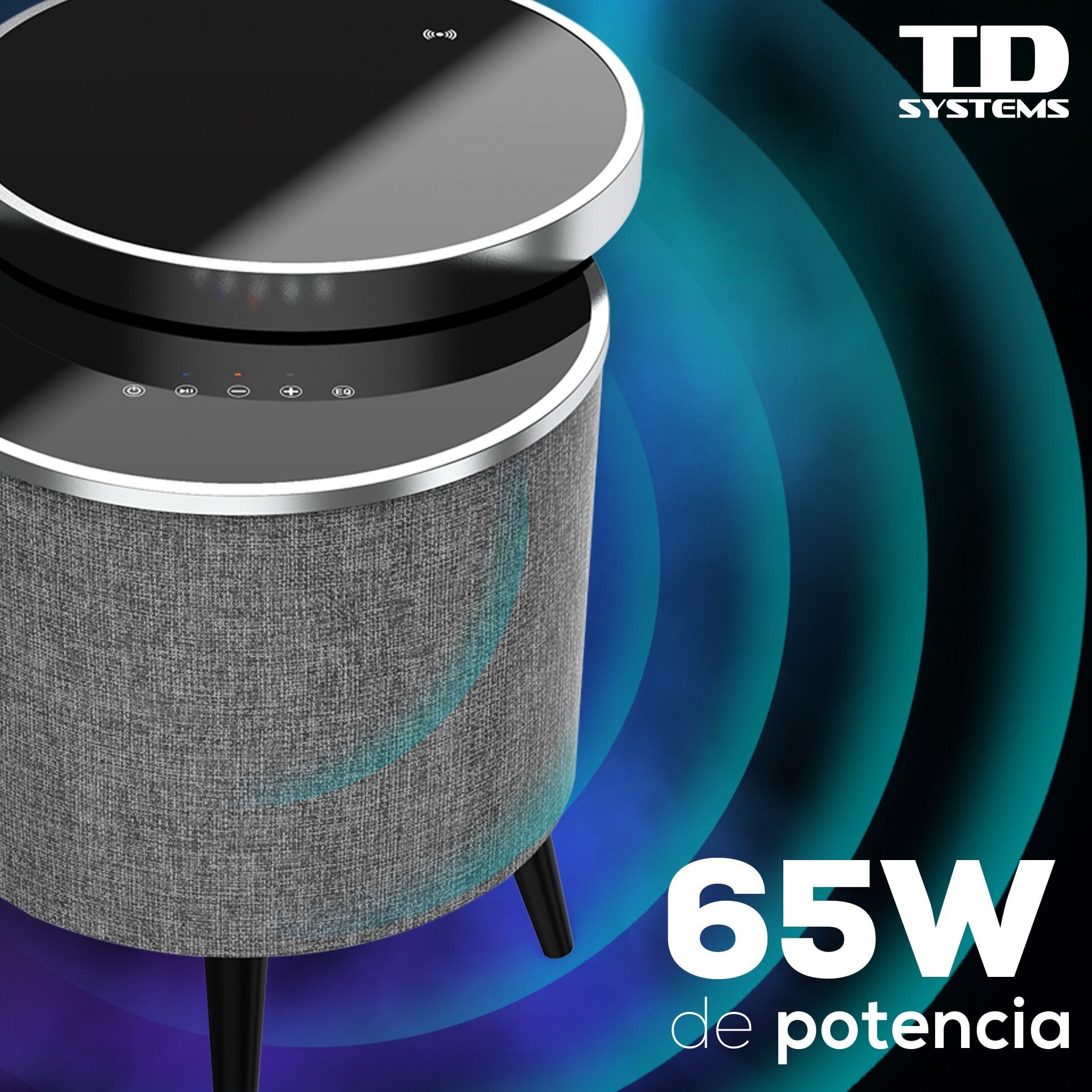 Mesa auxiliar altavoz con sonido de 65W y subwoofer, Bluetooth, base de carga inalámbrica. Mesilla o mesita para dormitorio o sala de estar - TD Systems SM65B11WR [Madera roble]