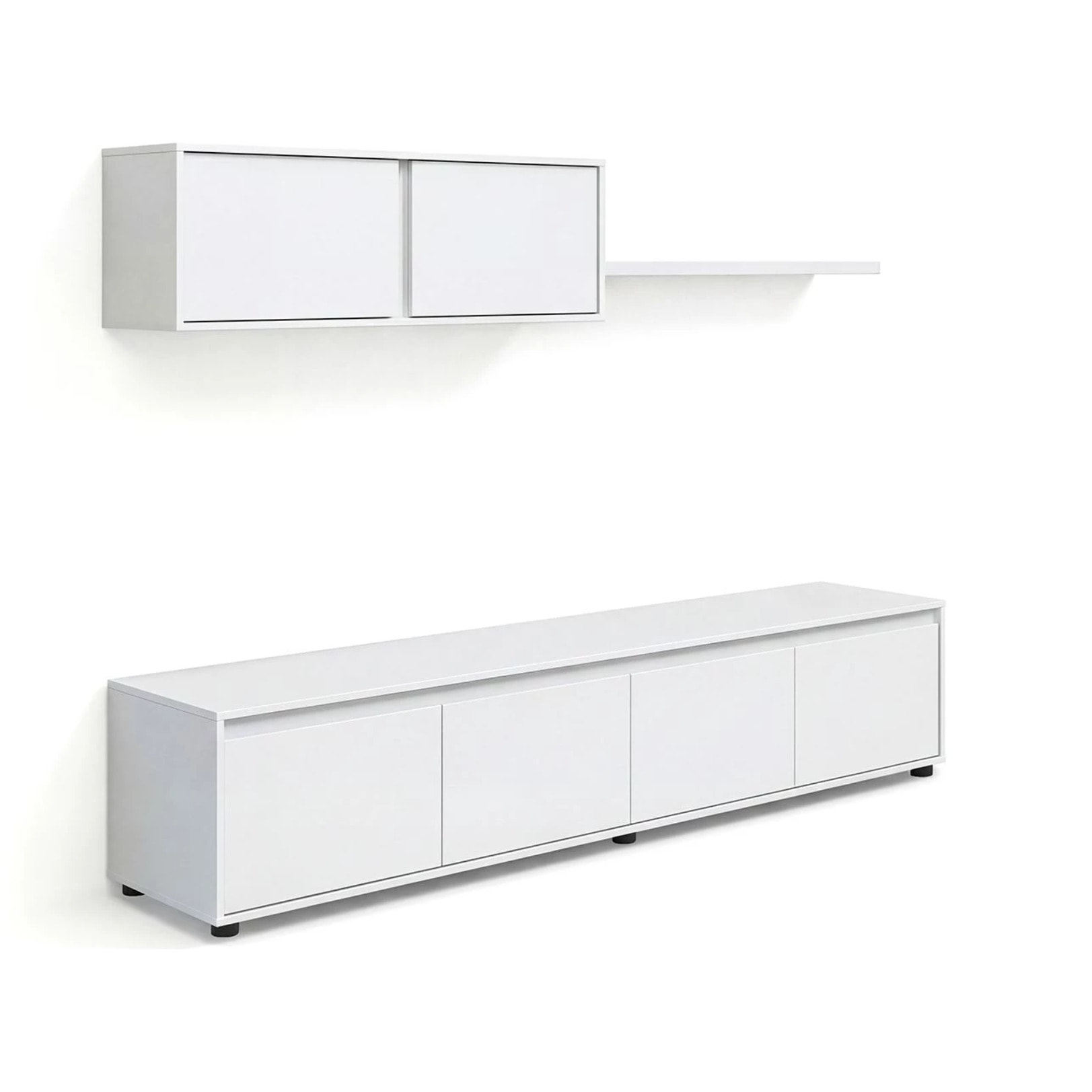 Salón con mueble de TV y estantería en blanco artik 200 cm Arlet Blanco Artik (Blanco Mate)