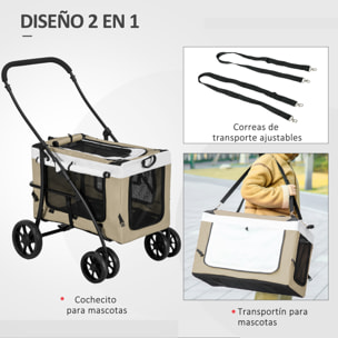 PawHut Carrito para Perros Cochecito para Perros Plegable con Vagón Desmontable 4 Puertas con Cremallera 2 Correas de Seguridad 2 Correa de Transporte y Cojín Caqui