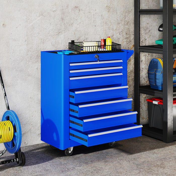 Carro de Herramientas con 7 Cajones, Carro de Taller con Cerradura, Asa, 2 Ruedas con Freno de Bloqueo, para Garaje, Hogar, Azul