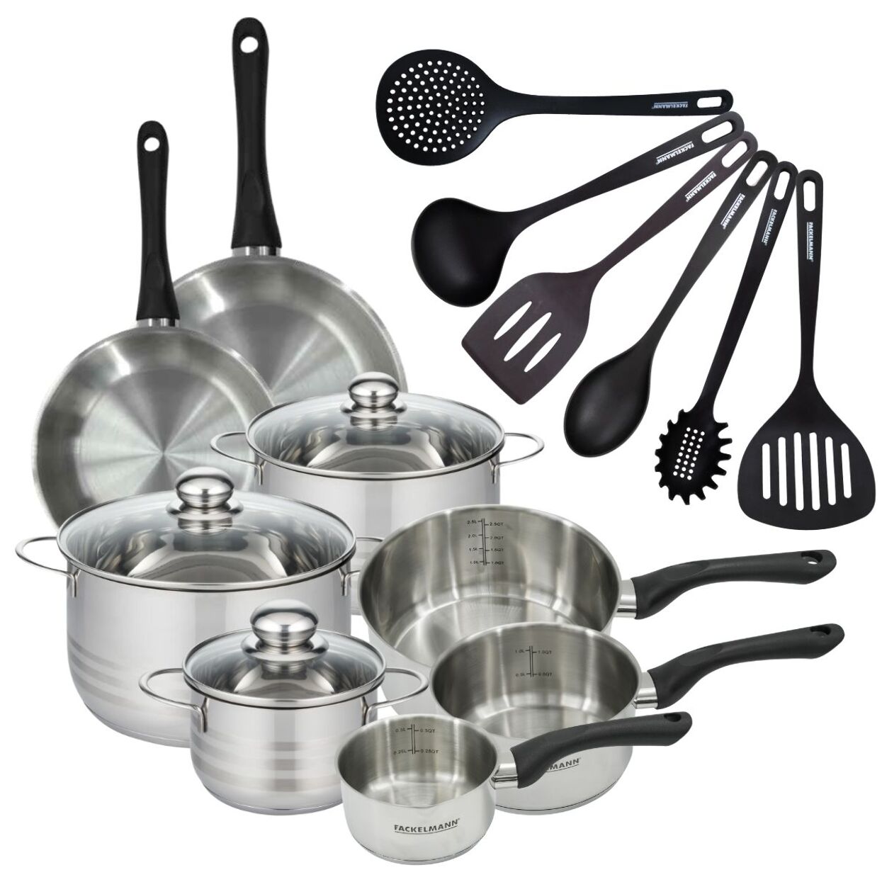 Set 2 poêles, 3 casseroles 12 16 20 cm, 3 faitouts 16, 20 et 24 cm en inox et 6 ustensiles RPET Fackelmann Geneva
