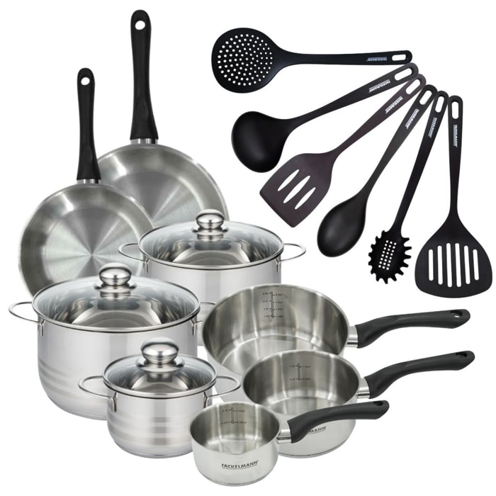 Set 2 poêles, 3 casseroles 12 16 20 cm, 3 faitouts 16, 20 et 24 cm en inox et 6 ustensiles RPET Fackelmann Geneva