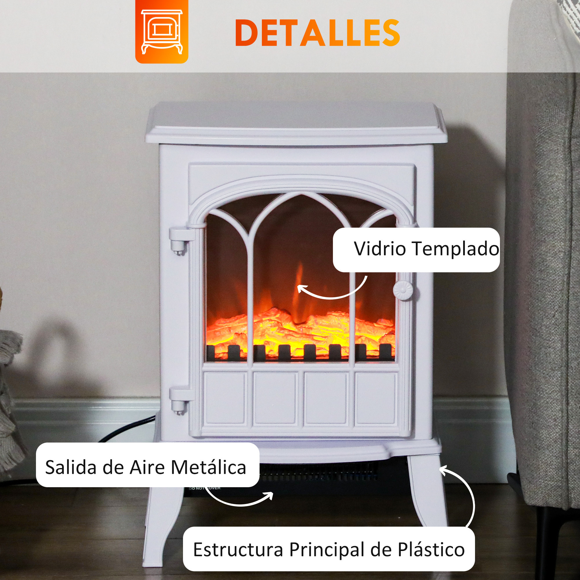 Chimenea Eléctrica 1000W/2000W Chimenea Decorativa con Ventana Efecto de Llama Temperatura Ajustable y Protección Sobrecalentamiento para 15-30 ㎡ 39x23x56,5 cm Blanco