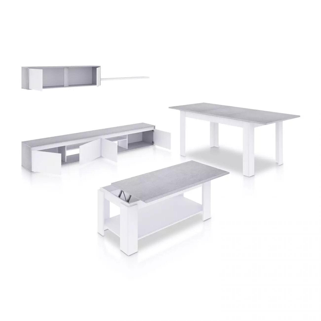 Pack salón con mesa de centro y mesa de comedor Arlet Max Blanco Artik (Blanco Mate) - Gris Cemento