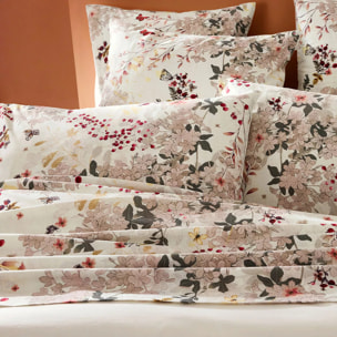 Drap plat percale de coton lavé 115 g/m² imprimé beige bordeaux Vintage flowers cranberry